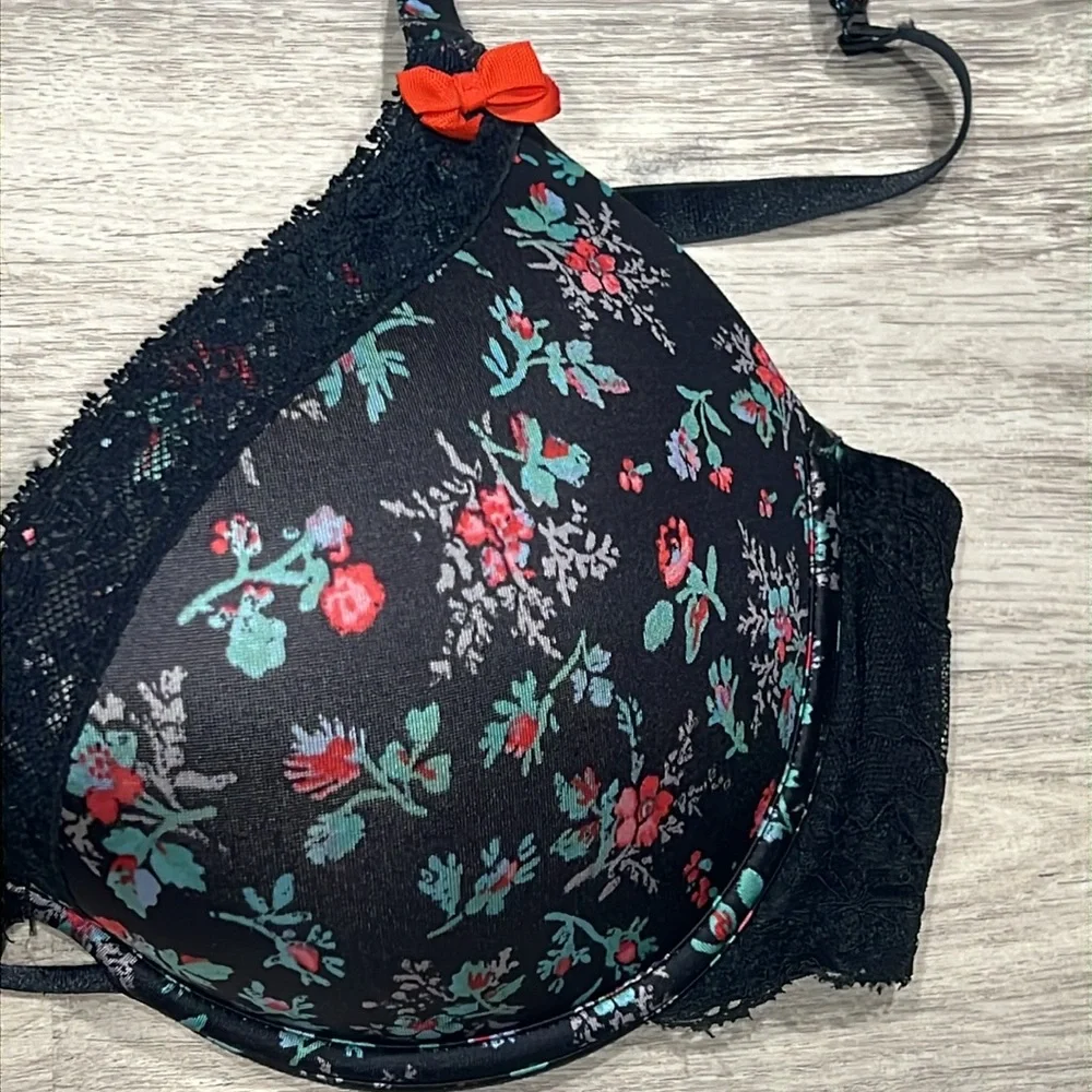 Women's Aerie Floral Black Emma Bra with Red and Green Accents